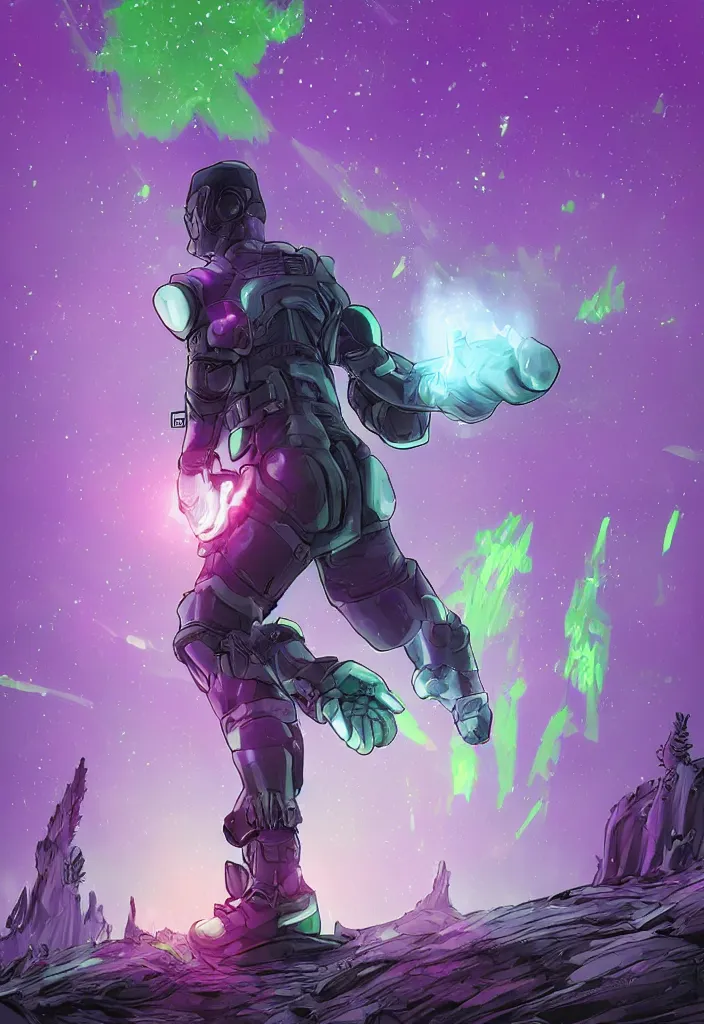 Prompt: A digital painting comic book cover of an android with glowing gloves and boots with back to the camera in a forest, looking up at a tower of crystals and geodes glowing in the fog, skeletons lay on the ground beside him, forced perspective,cinematic, stylized, purple and green