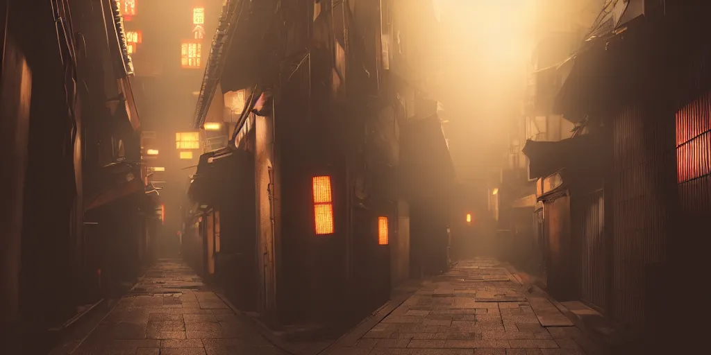 Image similar to a japanese alleyway in the style of blade runner 2049, volumetric lighting,