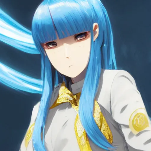 Prompt: side profile of rimuru tempest with sky blue hair, ponytail, gold eyes, black jacket with white stripes and a high collar, detailed face | highly detailed, roman city | professional digital art, concept art, award winning photography, cinematic, wlop | art by pixiv art, ilya kuvshinov, greg rutkowski, yoshitaka amano