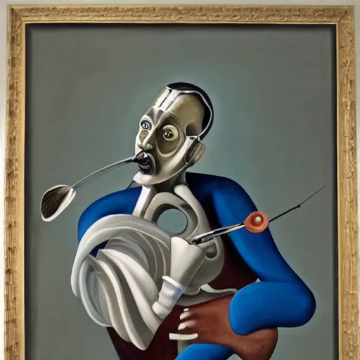 Image similar to half man half robot Salvadore Dali twirling his mustache while painting