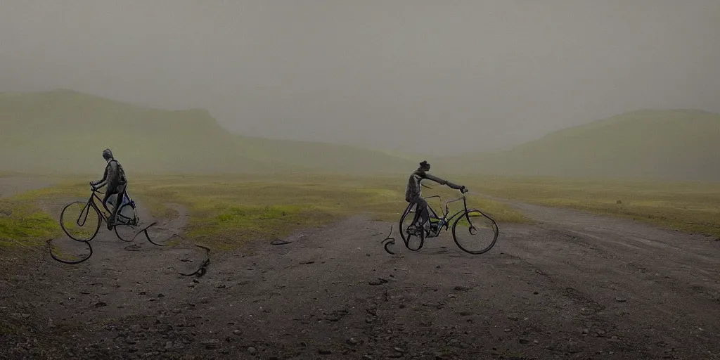 Image similar to A digital painting by Simon Stålenhag of a person on a touring bike on a gravel road of Iceland. The bike has a rack with saddlebags mounted. Around the road there are monumental old ruins tower of a dark misty forest,overcast, sci-fi