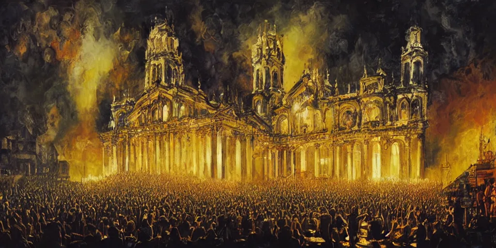 Image similar to Rammstein performing live on stage, 19th century cathedral style with lights and large sound speakers, by Megan Duncanson and Raphael Lacoste, detailed 3d gothic oil painting