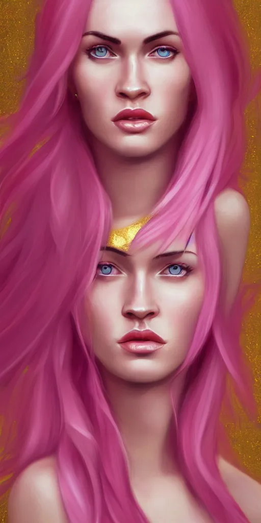 Image similar to Portrait of a beautiful pale skin Nordic female megan fox with long pink hair, elegant, photorealistic, highly detailed, artstation, smooth, sharp focus, gold ornaments, neon lighting, sci-fi, art by Klimt