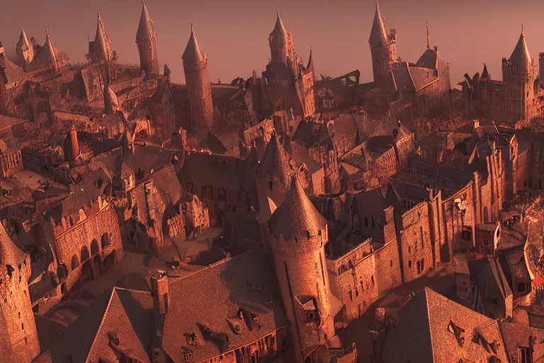 Image similar to medieval city with a huge castle in the center, red sun, top view, steampunk, mechanics, render, 8k, trending on artstation, volumetric light, lightrays, HDR, ambient occlusion, subsurface scattering, cinematic scene, steampunk style, fantasy