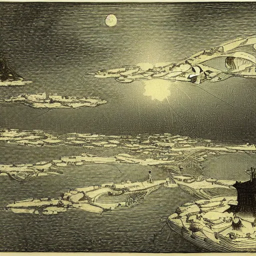 Prompt: The print shows a group of flying islands, each with its own unique landscape, floating in the night sky. The islands are connected by a network of bridges, and a small group of people can be seen walking along one of the bridges. by Franklin Booth artificial, melancholic