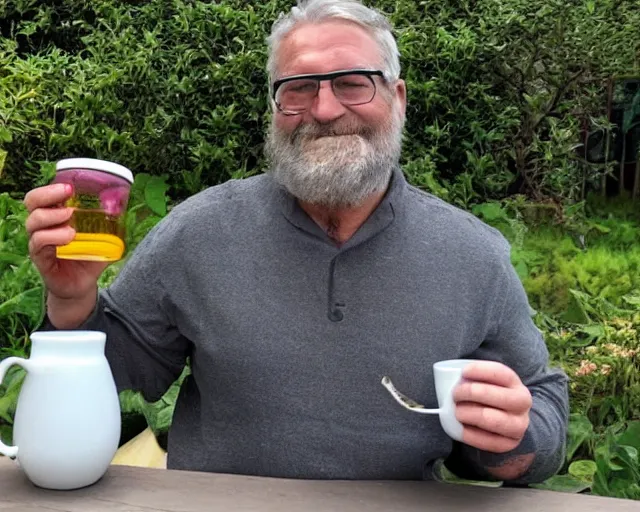 Prompt: mr robert is drinking fresh tea in a garden from spiral mug, detailed face, wearing glasses, grey beard, golden hour, chubby hairs