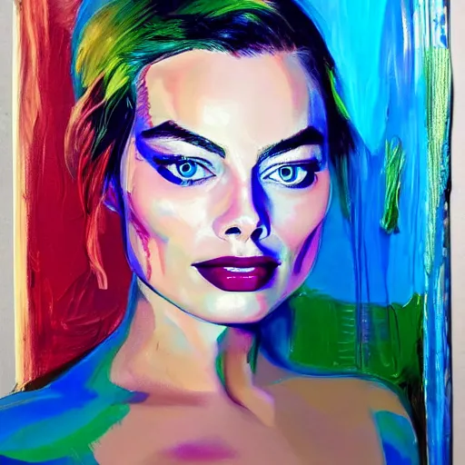 Prompt: A margot robbie painting with a piercing gaze, vibrant