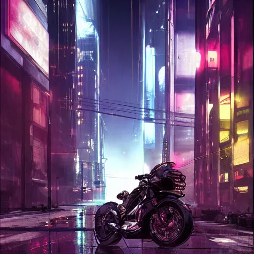 Prompt: street with motorbike speeding, cyberpunk, by stephan martiniere, night, foggy, detailed