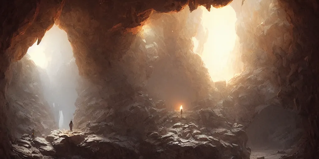Image similar to a stone portal glowing from within, in a cave, foggy, surrounded by rocks, art by greg rutkowski