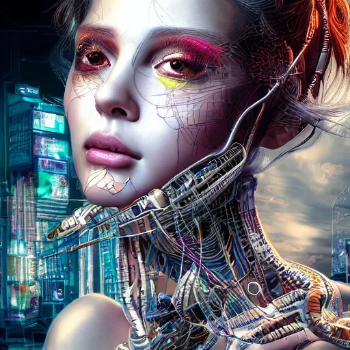 Image similar to the portrait of an absurdly beautiful, graceful, elegant, sophisticated, fashionable cyberpunk gravure idol, an ultrafine hyperdetailed illustration by kim jung gi, irakli nadar, intricate linework, bright colors, collage, porcelain skin, unreal engine 5 highly rendered, global illumination, radiant light, detailed and intricate environment