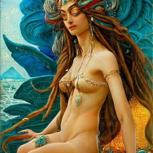 Image similar to artstation, intricate details, hyper details, by gaston bussiere and sandro botticelli, tan skin sumerian goddess inanna, lady of elche, egyptian sumerian features, techno mystic dominatrix goddess intergalactica, inanna with aqua neon rapunzel dreadlocks,