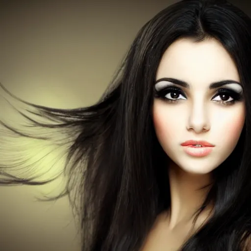 Image similar to arabic women portrait, long black hair, big eyes, beautifull as angel