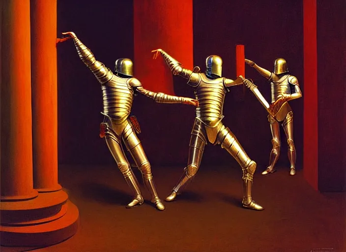 Image similar to knights in armor dance electric boogie popping, rome, highly detailed, soft lighting, elegant, works by edward hopper and james gillard, zdislaw beksinski, stephen outram, andreas m wiese, highly detailed