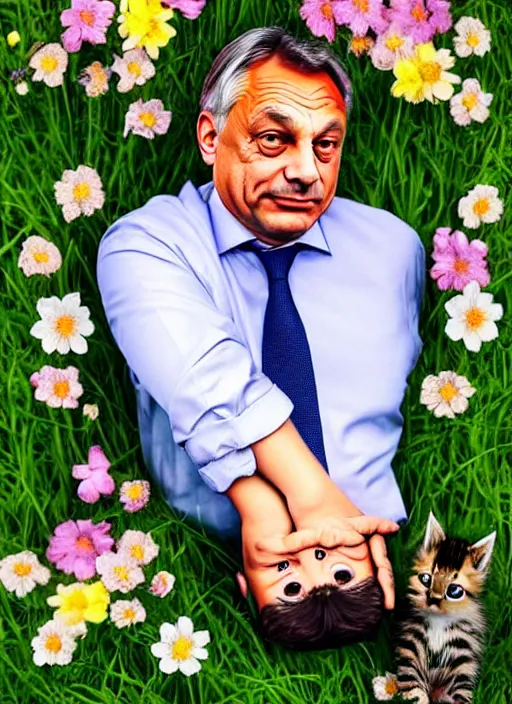 Prompt: hungarian prime minister viktor orban laying on a field of flowers with multiple cute kittens, photo, professionally retouched, realistic, smooth face, perfect eyes, symmetrical, full body shot, wide angle, sharp focus on eyes, 8 k high definition, insanely detailed, intricate, elegant, art by artgerm