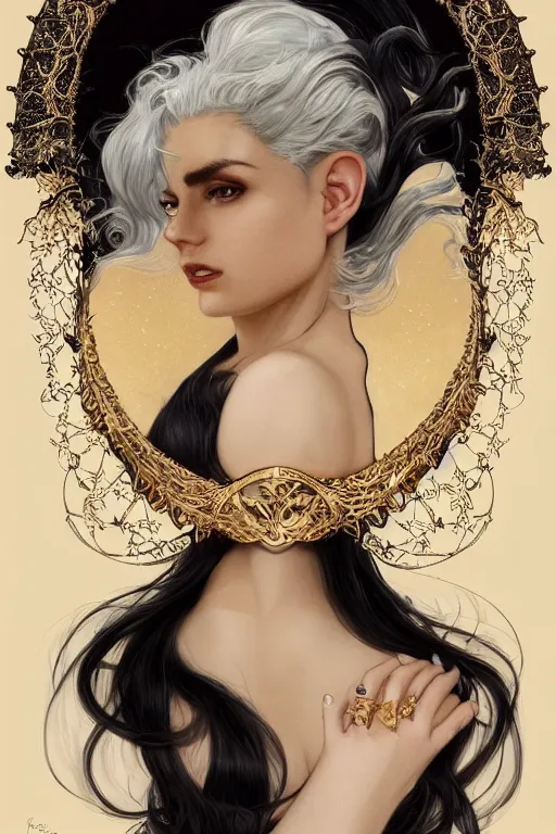 Image similar to fullbody!! of a beautiful woman with white hair, big natural horns on her head, long flowing intricate black lace dress, gold jewellery, dnd, face, fantasy, intricate, elegant, highly detailed, digital painting, artstation, concept art, smooth, sharp focus, illustration, art by artgerm and greg rutkowski and alphonse mucha