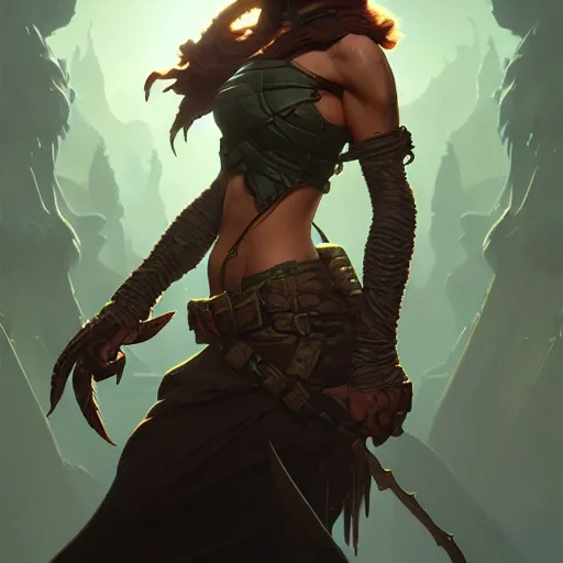 Image similar to rogue, female, tabaxi, forest, D&D, fantasy, intricate, elegant, highly detailed, digital painting, artstation, octane render, concept art, matte, sharp focus, illustration, hearthstone, art by Artgerm and Greg Rutkowski and Alphonse Mucha