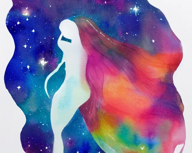 Image similar to an outline of a woman with long hair flowing behind her ; the hair is a large nebula in space with stars : watercolor painting on white paper, small detailed?, abstract art, minimalism, painterly style, 4k ultra hd, on artstation