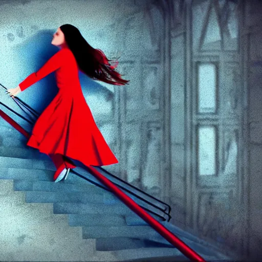 Image similar to a girl in a red dress climbing infinite stairs to heaven, cinematic image, hyperrealistic, sketch draw