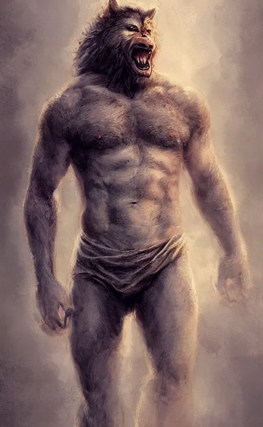 Image similar to hyperrealistic, Portrait of a rugged werewolf, male, muscular, detailed face, bare thighs!!!, simple clothing!!!!!, fantasy, medieval, highly detailed, cinematic lighting, digital art painting by greg rutkowski