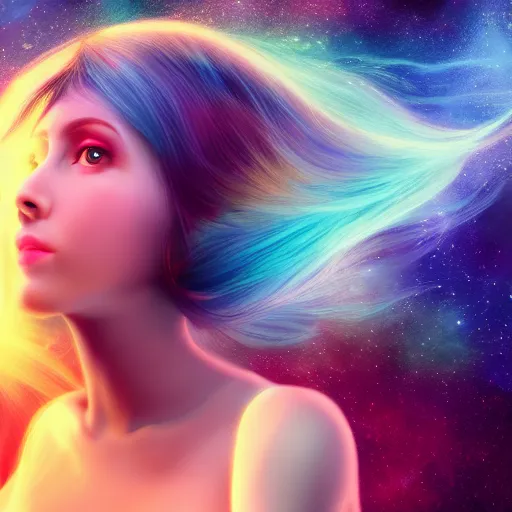 Prompt: photorealistic portraits of girl, blue hair, background with beautiful photography of nebula space wallpaper 8k