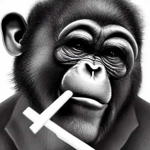 Image similar to a high detail photo of an antropomorphic chimp wearing a suit smoking a cigarrette, subject= chimp, subject detail: wearing a suit, subject action: smoking a cigarrette photorealism