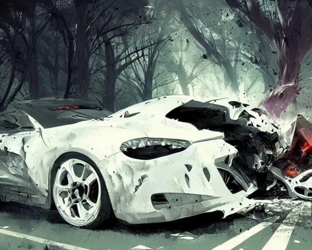 Image similar to a white fast car crash, horror scene, dramatic, anime art, Greg Rutkowski, studio ghibli, dramatic lighting