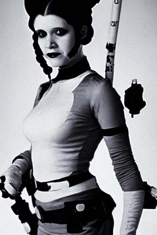 Image similar to young Carrie Fisher as Harley Quinn