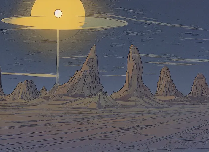 Image similar to Flat illustration of an alien landscape, concept art, Jean Giraud