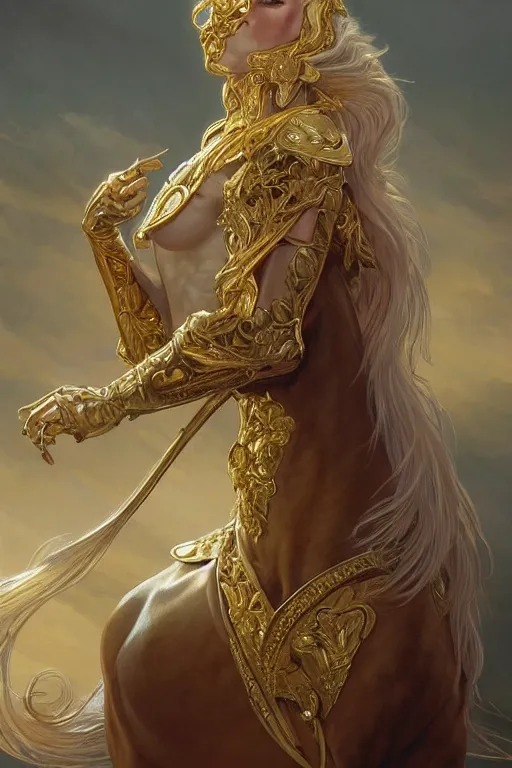 Image similar to a beautiful horse, gold jewellery, dnd, fantasy, intricate, elegant, highly detailed, digital painting, artstation, concept art, smooth, sharp focus, illustration, art by artgerm and greg rutkowski and alphonse mucha