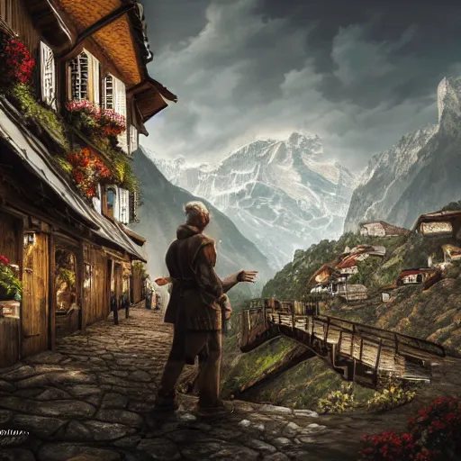 Image similar to Man in Switzerland, high resolution fantasy concept art, realistic, intricate details, soft lighting