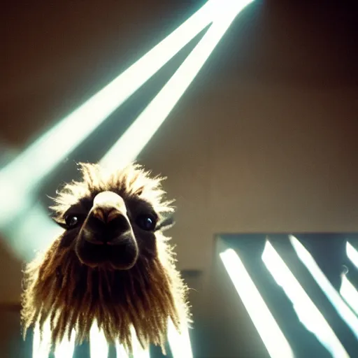 Image similar to film still of a llama dunking a basketball, low angle, extreme long shot, indoors, dramatic backlighting
