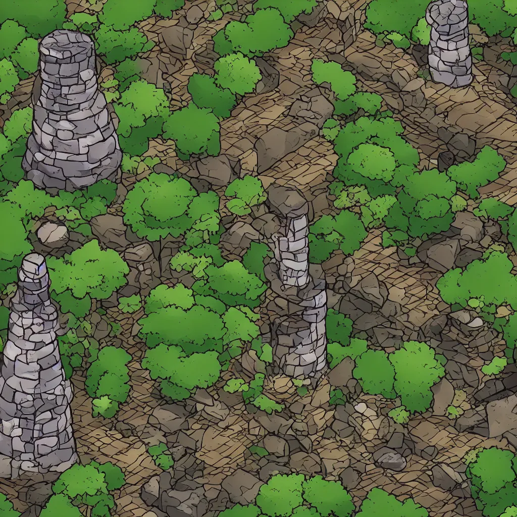 Prompt: ground, tree, rock and wizard tower, on a lineart tileset