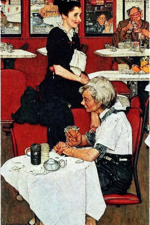 Image similar to a lazy!! woman! in her 3 0 s in a cafe!!! sitting on a bench!! by norman rockwell!!!