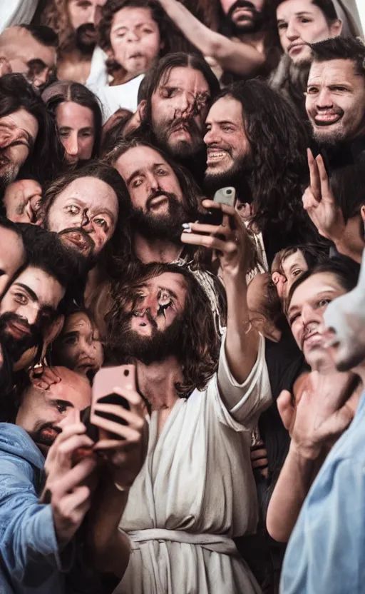 Prompt: jesus christ taking a selfie with his fans on the day he was crucified, portrait, full shot, rim light, photography,