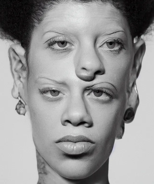 Image similar to a color photograph asia kate dillon, by carrie mae weem, intense, bold, exaggerated, overblown, hyperrealistic, ultra sharp, extra details, ultra high quality, trending on pinteresst