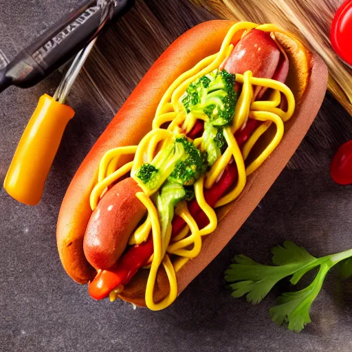 Image similar to photo shoot portrait of a delicious spaghetti hot dog with broccoli and mustard and ketchup, detailed, uhd, 8k,