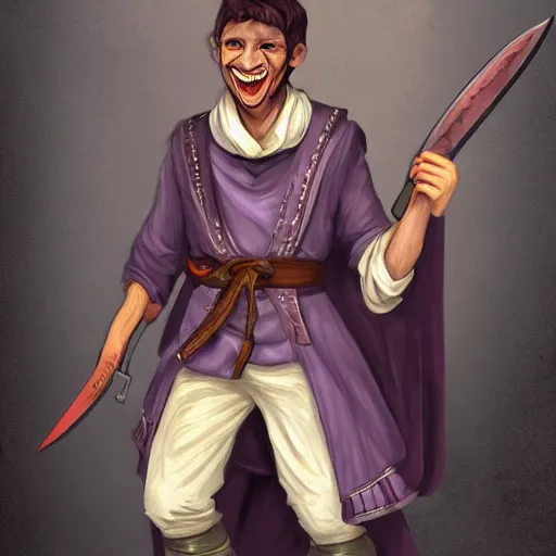 Image similar to duergar male child character portrait with pale purple skin, shabby clothes, leather pouch, wielding kitchen knife, smiling, youthful, dungeons and dragons, digital art