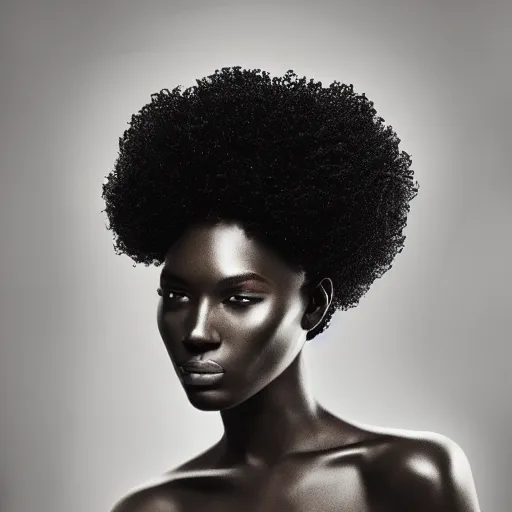 Image similar to close up of head of a black fashion model with large afro, gta style, editorial of fashion magazine, highly detailed