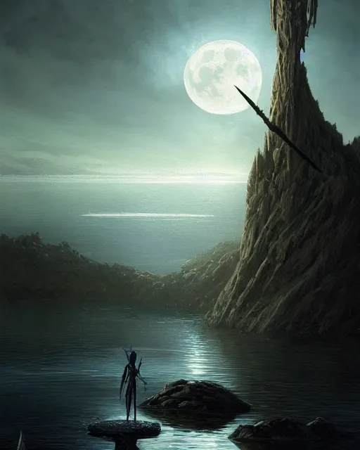 Image similar to legendary excalibur rising from the middle of a lake under a giant full moon, rippling reflections, no people, art by Raymond Swaziland and Greg Rutkowski, D&D, fantasy, intricate, elegant, highly detailed, digital painting, artstation, concept art, matte, sharp focus, illustration, masterpiece, stunning, artstation
