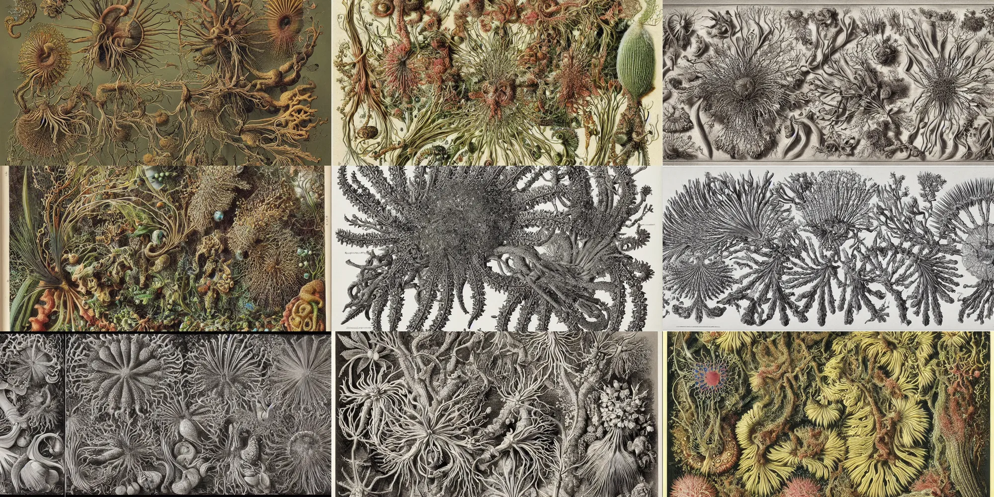 Prompt: elaborate natural illustrations by ernst haeckel of the biological world