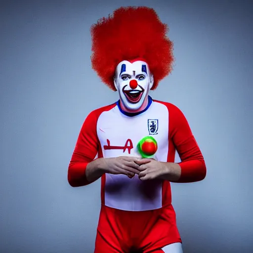 Image similar to Harry Kane dressed as a clown, 8k, extreme detail, studio light, dramatic, sharp focus,