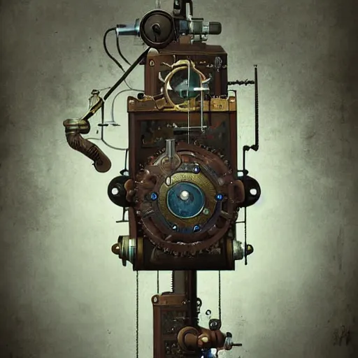 Image similar to A random pointless contraption ((steampunk)) industrial appliance pneumatic machine with no apparent purpose, being operated by a scholarly looking man with a clear directed gaze, artwork by Petros Afshar