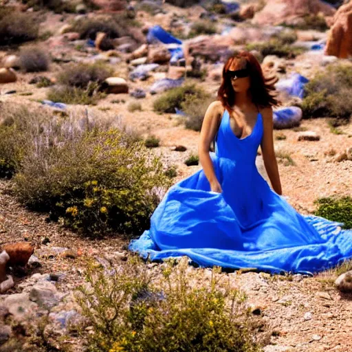 Prompt: The full body shot of beautiful woman with blue flowers in a rocky desert landscape, multiple eyes by Denis Villeneuve, Lubezki, Gaspar Noe and Christopher Doyle, anamorphic lens, anamorphic lens flares, kodachrome, cinematic composition, practical effects, award winning photo, 8k