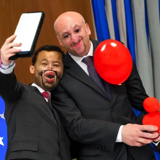 Image similar to a president with clown face taking a selfie in a podium next to an angry first minister