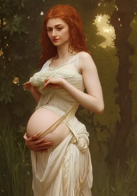 Prompt: tall pregnant sansa, intricate, elegant, highly detailed, digital painting, artstation, concept art, smooth, sharp focus, illustration, art by artgerm and greg rutkowski and alphonse mucha and william - adolphe bouguereau