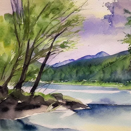 Image similar to river, mountains, beautiful trees, watercolor painting