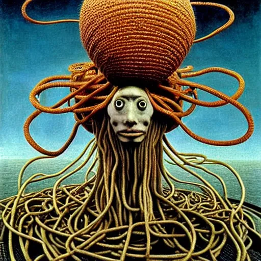 Image similar to flying spaghetti monster wearing colander as a hat, creating the universe, by otto dix, junji ito, hr ginger, jan svankmeyer, beksinski, claymation, hyperrealistic aesthetic, masterpiece
