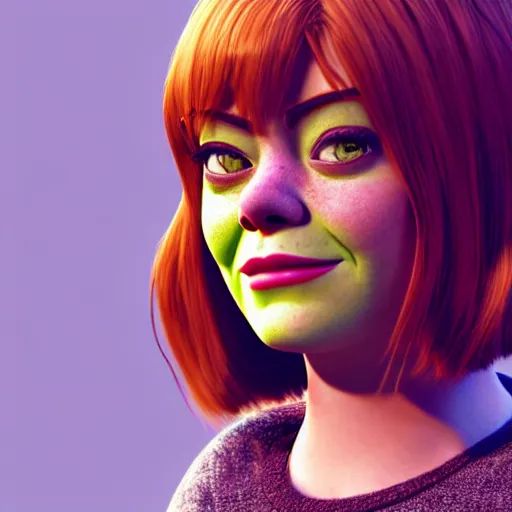 Image similar to Emma Stone as a female version of Shrek, Shrek face features, fully detailed, high quality , 4k , octane render , soft lightening , masterpiece