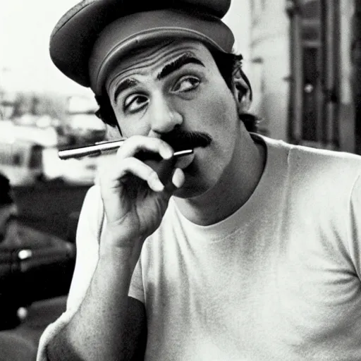 Prompt: realistic photograph of Mario in a hat with an M smoking in a french new wave Godard film aesthetic