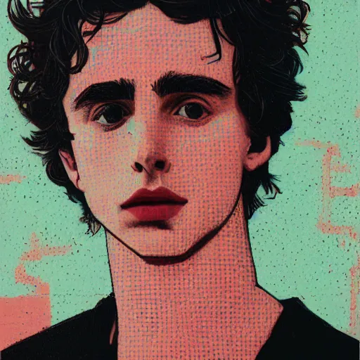 Prompt: Thimotee Chalamet profile picture by Sachin Teng, asymmetrical, Organic Painting , Matte Painting, geometric shapes, hard edges, graffiti, street art:2 by Sachin Teng:4